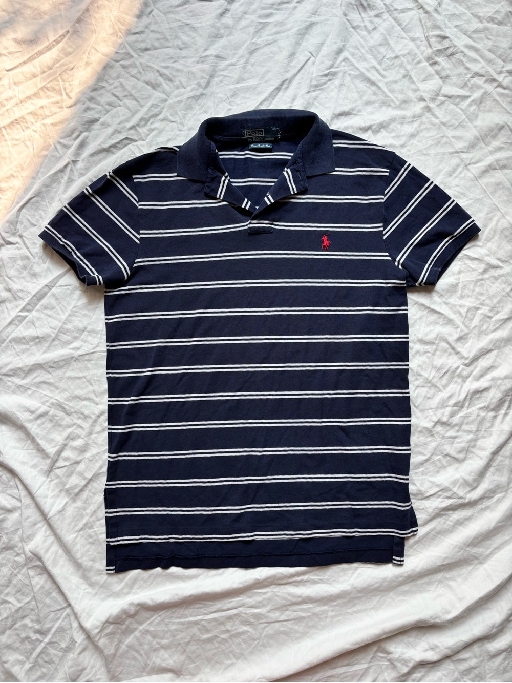 Ralph Lauren Navy & White Striped Polo with Red Pony